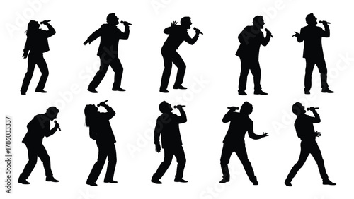 Singers with microphones silhouettes isolated on white background, Vector