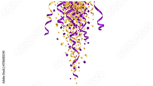 Vector illustration of purple and gold confetti and streamers falling on a white background