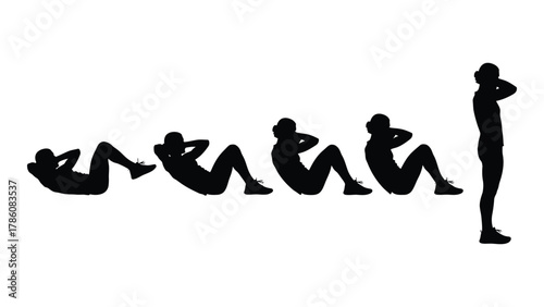 Sit-up exercise progression silhouettes isolated on white background, Vector