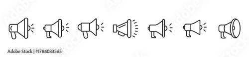 Loudspeaker icon pack. Voice announcement and communication symbol. Public address megaphone sign for media and campaign. Vector illustration.