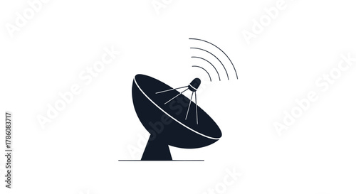 A simple dark silhouette of a satellite dish transmitting radio waves against a clean white background