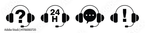 Basic customer service icons, black and white variations, depicting a headset with a message bubble. Isolated against white.