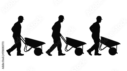 Construction workers pushing wheelbarrows silhouette isolated on white background, Vector
