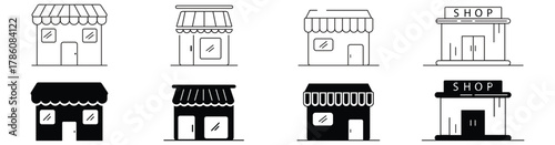 Shop and store icon set. Building and storefront symbols collection. Vector illustration for retail, market, and e-commerce themes.