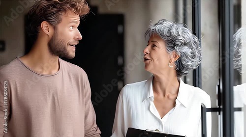 Intergenerational Bond: Joyful Young Man and Senior Woman Sharing Smiles