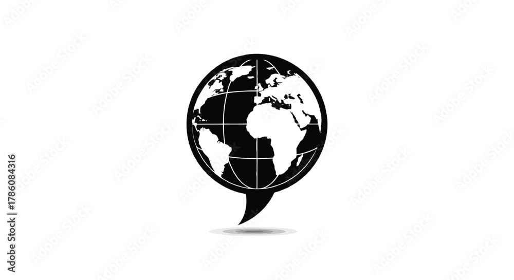 Obraz premium Stylized black and white globe icon within a speech bubble shape symbolizing global communication and connection