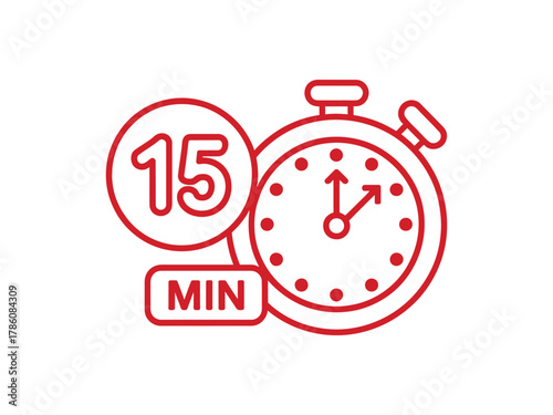 A red stopwatch icon indicating 15 minutes isolated on white background for time management and efficiency