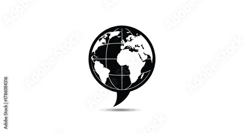 Stylized black and white globe icon within a speech bubble shape symbolizing global communication and connection