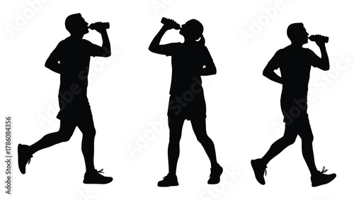 People hydrating during exercise silhouettes isolated on white background, Vector