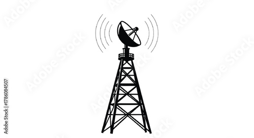 Silhouette of a broadcast tower with a satellite dish transmitting radio waves against a white background