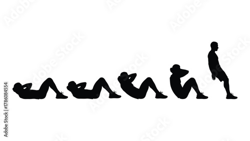 Sit-up exercise progression silhouette isolated on white background, Vector