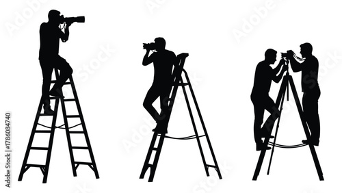 Photographers on ladders and tripods silhouette set isolated on white background, Vector