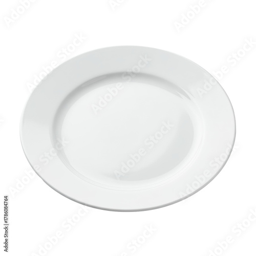 A pristine, empty, perfectly round white fine porcelain dinner plate with a subtle rim, isolated on a seamless transparent background, top-down view, high-key studio lighting, concept of pristine