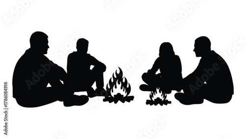People around campfires silhouette isolated on white background, Vector