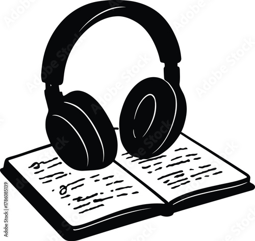 A pair of headphones resting on an open book