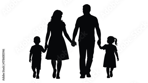 Family of four walking silhouette isolated on white background, Vector