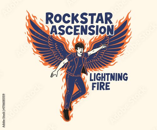 Rockstar Ascension Emblem. Flaming Angel Wings Graphic. Retro Grunge Poster Design. Vintage Flying Man Icon. Lightning Fire T-shirt Art