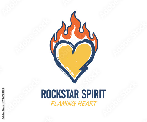 Flaming Heart Rockstar Emblem. Grunge Style Burning Love Logo. Passionate Rock Spirit Badge. Hand Drawn Fiery Heart Icon. Energetic Vintage Style Prin