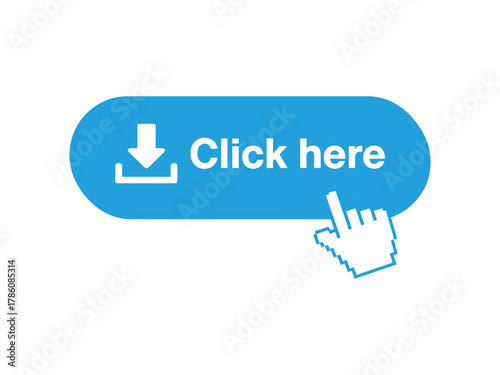 Click here button with download icon and hand cursor isolated on white background for website design concept