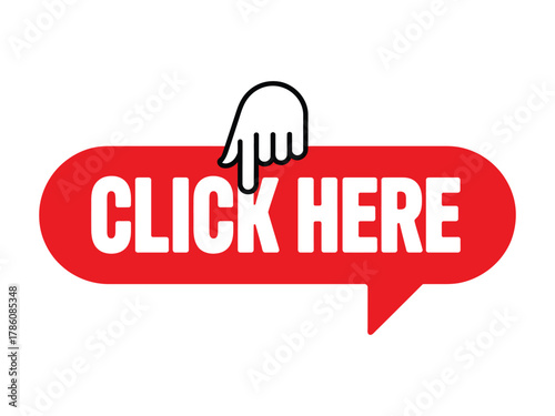 Click here button with hand cursor isolated on white background for website or application design concept