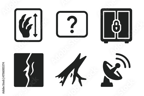 Cryptid Research Icons. Line style icons of Cryptid Research: Unknown claw comparison, species unknown label, locked cabinet, tear