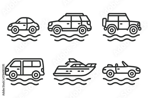 Amphibious Vehicle Icons. Line style icons of amphibious vehicle types: compact 2-seater car, family SUV amphibious, rugged 4x4