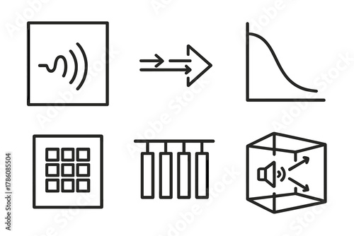 Architectural Acoustics Icons. Line style icons of Architectural Acoustics: sound wave in room diagram, echo path arrow,