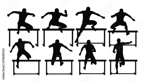 Athlete hurdle jumping silhouettes isolated on white background, Vector