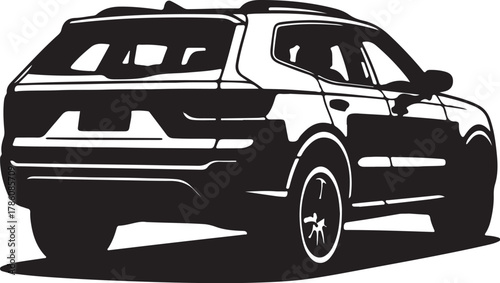Black and white vector illustration of a modern sport utility vehicle (suv) seen from rear-three-quarter view