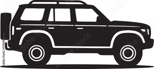 Black silhouette vector illustration of a rugged off-road suv vehicle with roof rack and spare tire.