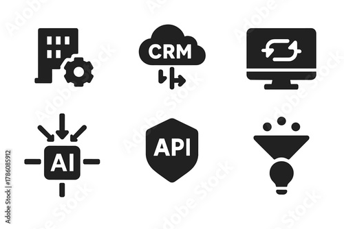 Data Integration Icons. Solid style icons of data sources and integration: ERP system icon, CRM cloud connection, supplier