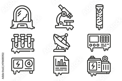 Frozen Lab Icons. Line style icons of Frozen Laboratory: Research Pod, Microscope, Ice Core, Test Tubes, Satellite Dish, Control