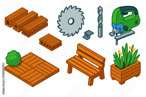 Eco Construction Icons. Isometric vector illustration set Eco construction – recycled plastic lumber, composite decking, fastener
