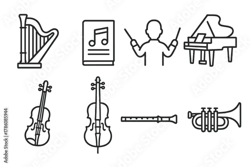 Classical Music Icons. Line style icons of Classical Music: Harp, Sheet Music, Conductor, Grand Piano, Violin, Cello, Flute,