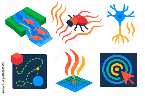 Olfactory Navigation Maps. Isometric vector illustration set Olfactory maps: fish following river scent gradients, insect odor