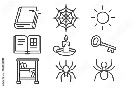 Forgotten Library Icons. Line style icons of Forgotten Library: Dusty Tome, Cobweb, Faint Glow, Ancient Catalog, Candle, Rusty Key