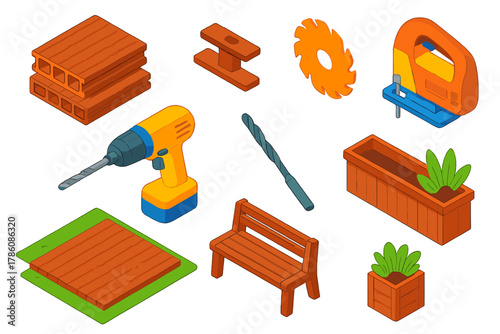 Eco Construction Icons. Isometric vector illustration set Eco construction – recycled plastic lumber, composite decking, fastener