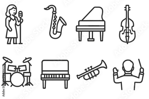 Jazz Band Icons. Line style icons of Jazz Band: Singer, Saxophone, Double Bass, Drum Set, Piano, Trumpet, Guitar, Conductor, No
