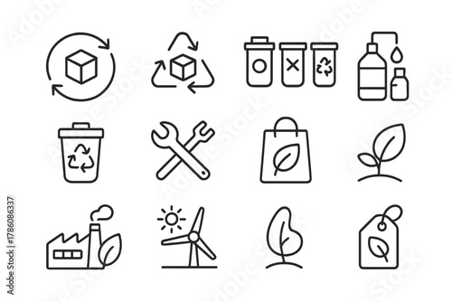 Circular Economy Icons. Line style icons of Circular Economy: Product Lifecycle, Material Reuse, Waste Sorting, Resource Recovery;