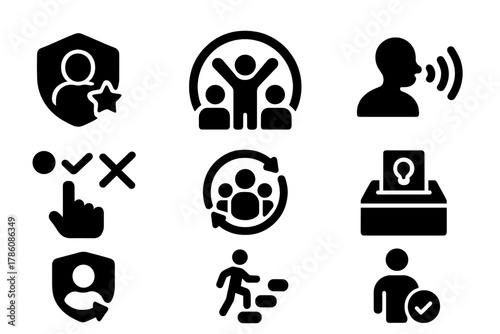 Employee Empowerment Icons. Solid style icons of employee empowerment: empowered junior badge, bottom-voice symbol, decision input