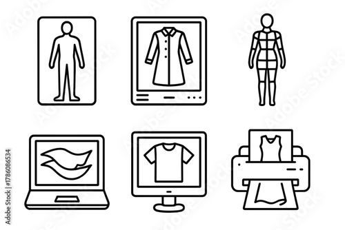 Fashion Design Icons. Line style icons of fashion design process: digital body scan icon, CAD clothing sketch, 3D model fitting,