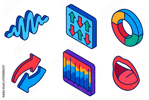 Phonological Shift Icons. Isometric vector illustration set Phonological Shifts: sound wave icon, consonant shift chart, vowel