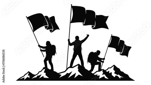 Mountain climbers with flags silhouette isolated on white background, Vector