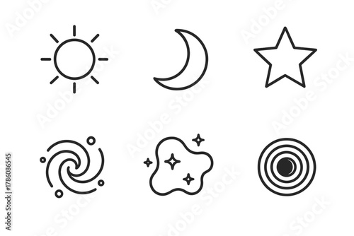 Celestial Icons in Line Style. Line style icons of Celestial Objects: sun, moon, star, galaxy, nebula, black hole. No text, No
