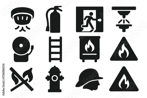 Fire Safety Icons. Solid style icons of fire safety: smoke detector, fire extinguisher, emergency exit, sprinkler head, fire alarm