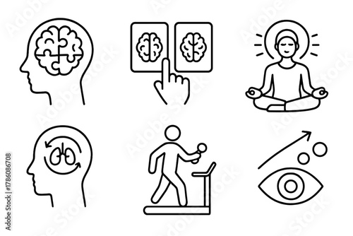 Neuroplasticity Training Icons. Line style icons of neuroplasticity training activities: brain puzzle solving, memory card game,