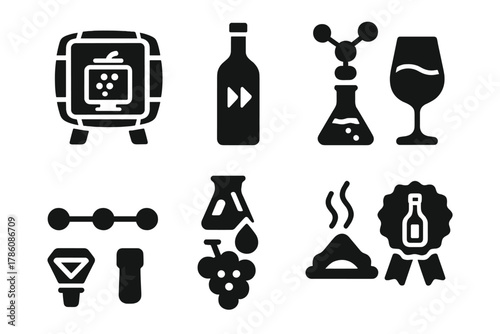 Synthetic Wine Icons. Solid style icons of synthetic wine aging: digital wine barrel, fast-forward aging bottle, molecular swirl