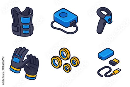 VR Gaming Kit. Isometric vector illustration set VR gaming setup – haptic feedback vest, vibration motor pack, controller strap;