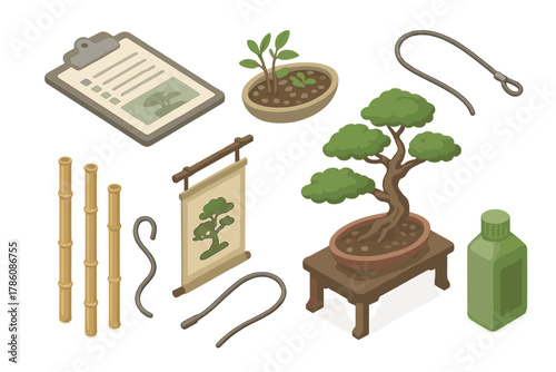 Bonsai Gardening Set. Isometric vector illustration set of Bonsai gardening: maintenance record sheet, accent plant tray, training