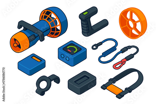 Underwater Diving Gear Icons. Isometric vector illustration set Underwater diving gear – dive scooter, throttle grip, propeller